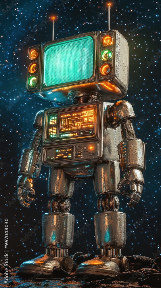 Fototapeta premium Retro-Futuristic Robot with Television Head Against a Starry Sky