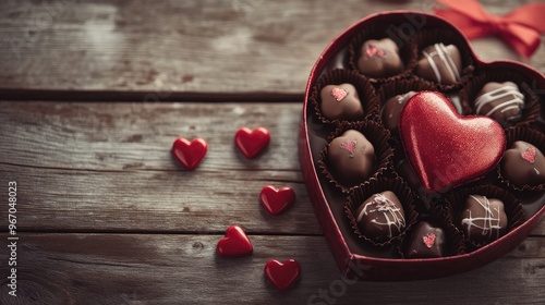 Close-up of a heart-shaped box of chocolates with a red ribbon on a wooden table. Focus point. No people. No logo.