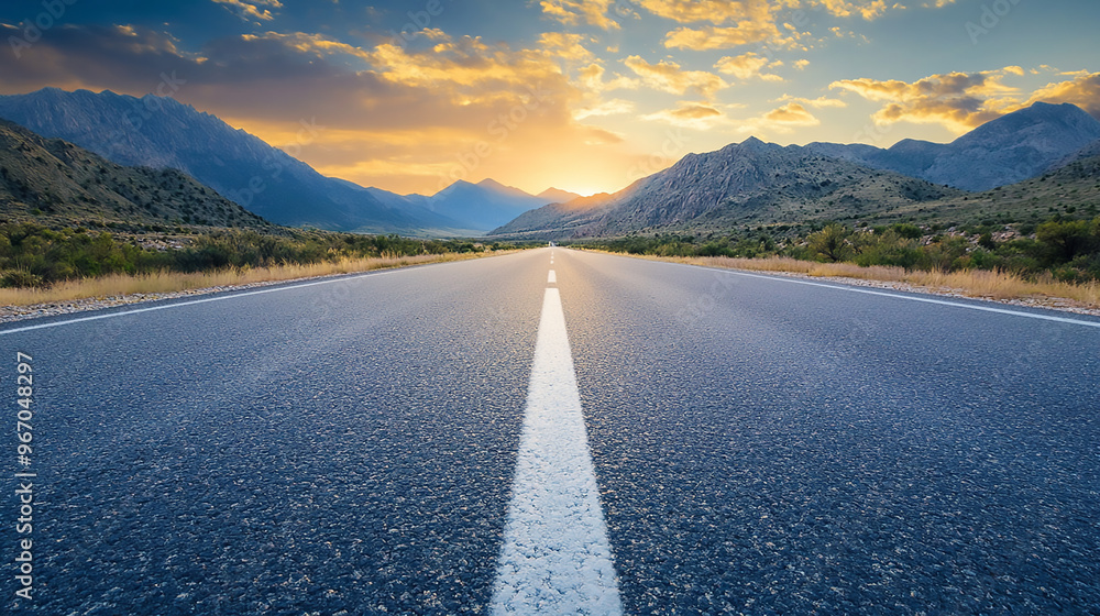 Fototapeta premium Scenic highway leads to a sunset-lit mountain range on an open road journey