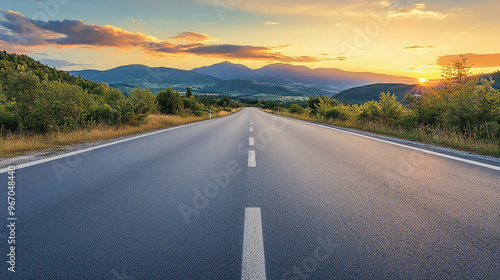 Scenic highway leads to a sunset-lit mountain range on an open road journey