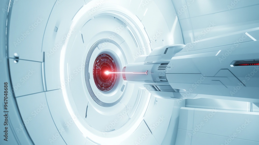 Futuristic Machine with Red Laser Beam in a White Circular Room Futuristic Machine with Red Laser Beam in a White Circular Room