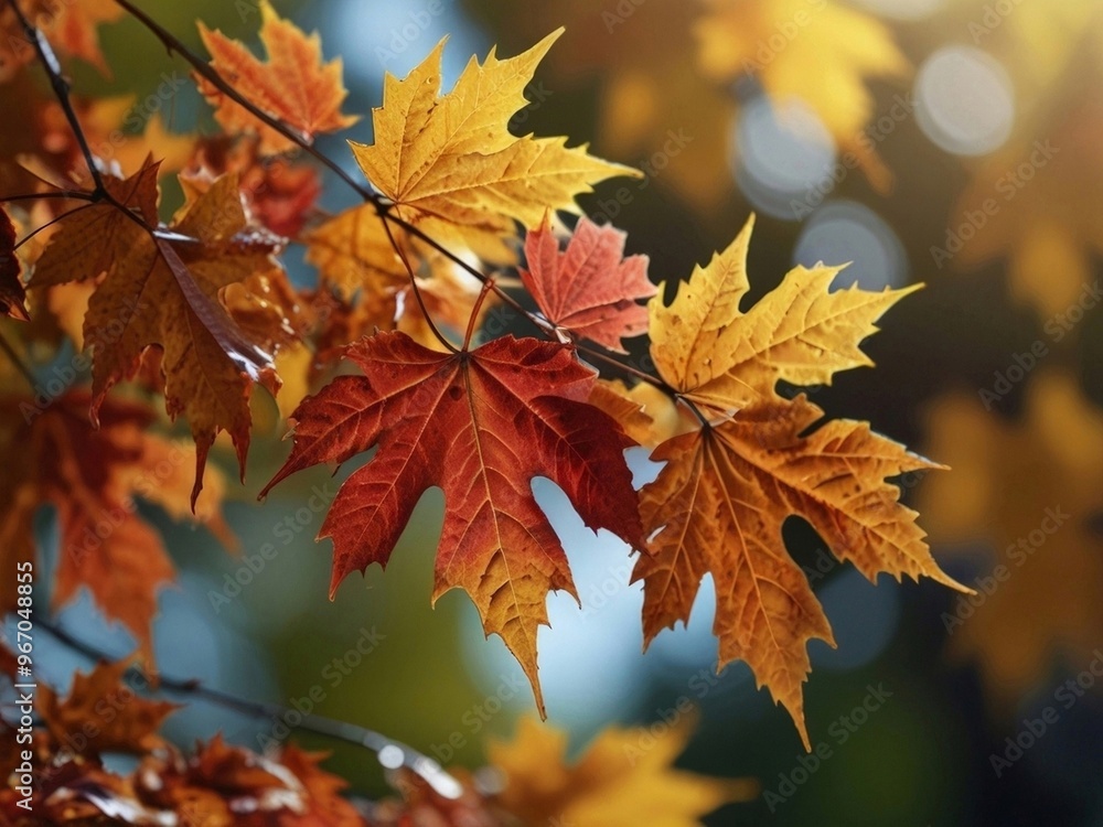 Blurred image of maple leaves on an autumn sunny day. Relaxing soft pale blue-green background. AI generated. Blurred image of maple leaves on an autumn sunny day. Relaxing soft pale blue-green background. AI generated.