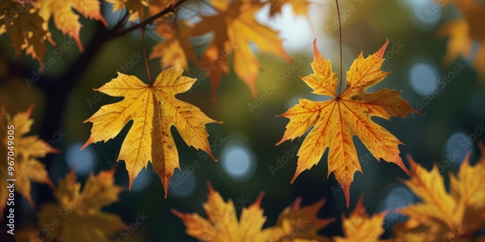Blurred image of maple leaves on an autumn sunny day. Relaxing soft pale blue-green background. AI generated. Blurred image of maple leaves on an autumn sunny day. Relaxing soft pale blue-green background. AI generated.