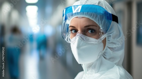 Close-up of a healthcare worker wearing a protective suit, mask, and face shield.