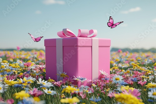 Pink gift box in flower field with butterflies