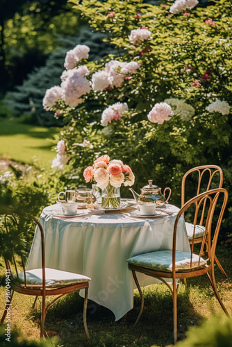 Holiday tablescape, formal dinner table setting, peony flowers table scape with peonies decoration for wedding party and event celebration, post-processed, generative ai