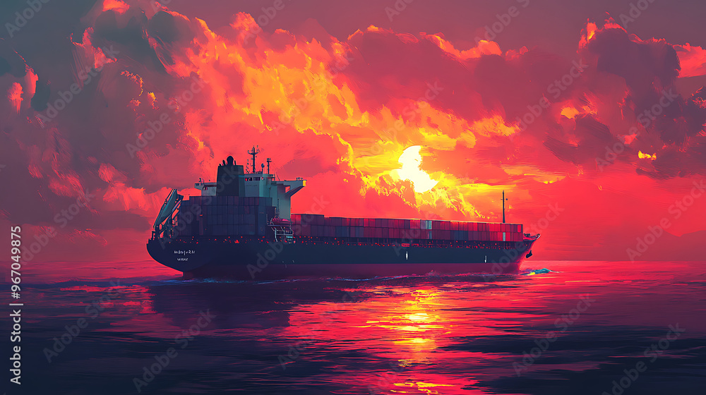 Cargo ship at sea during a vibrant sunset Cargo ship at sea during a vibrant sunset
