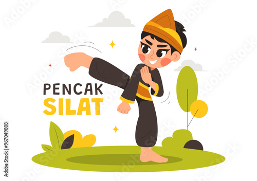 Pencak Silat Sport Vector Illustration featuring Martial Artists Posing in Traditional Indonesian Fighting Stances, in a Flat Style Cartoon Background photo