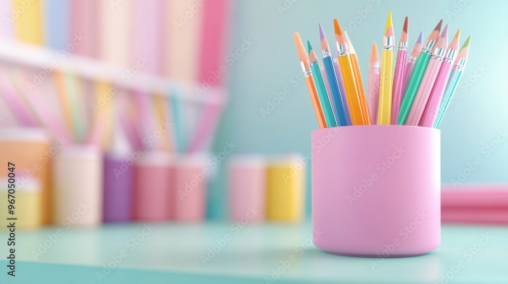 A pink cup with many colored pencils in it on a table, AI A pink cup with many colored pencils in it on a table, AI