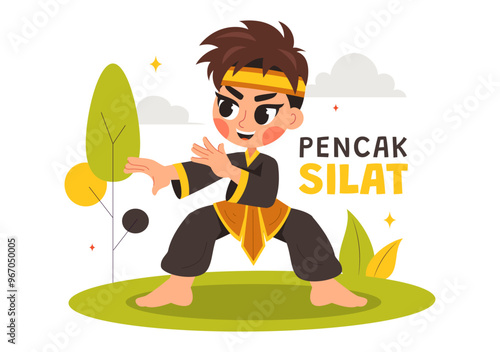 Pencak Silat Sport Vector Illustration featuring Martial Artists Posing in Traditional Indonesian Fighting Stances, in a Flat Style Cartoon Background photo