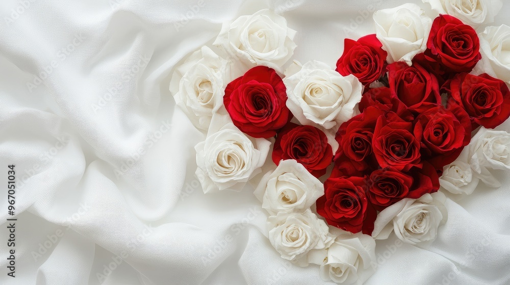 Red and white roses arranged in a heart shape on a soft white fabric background. Focus point. No people. No logo. Red and white roses arranged in a heart shape on a soft white fabric background. Focus point. No people. No logo.