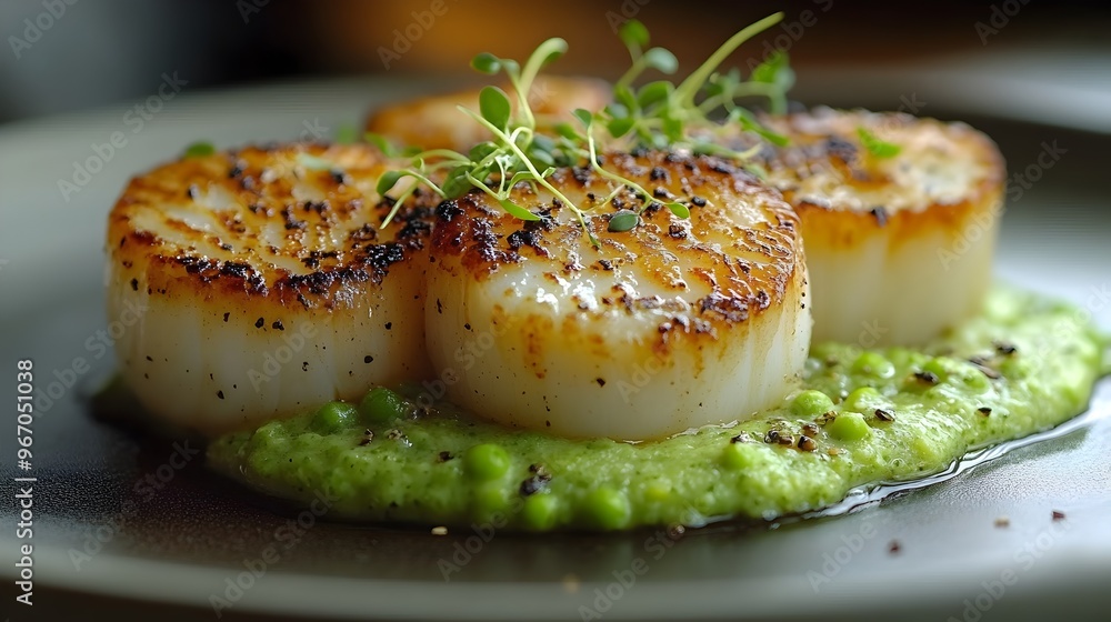 Seared Scallops with Pea Puree and Microgreens A Delicate Culinary Masterpiece Seared Scallops with Pea Puree and Microgreens A Delicate Culinary Masterpiece