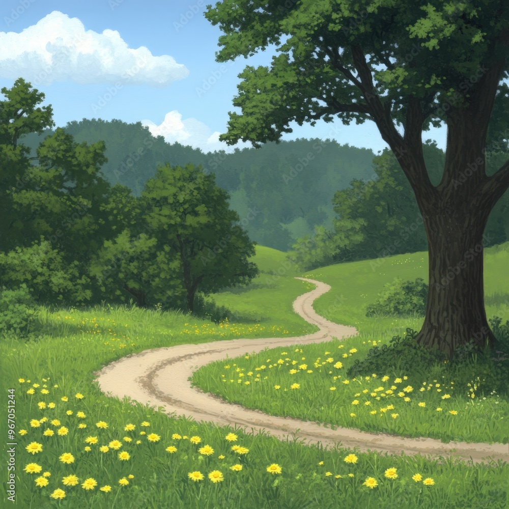 Fototapeta premium Winding dirt path through vibrant green meadow adorned with cheerful yellow flowers