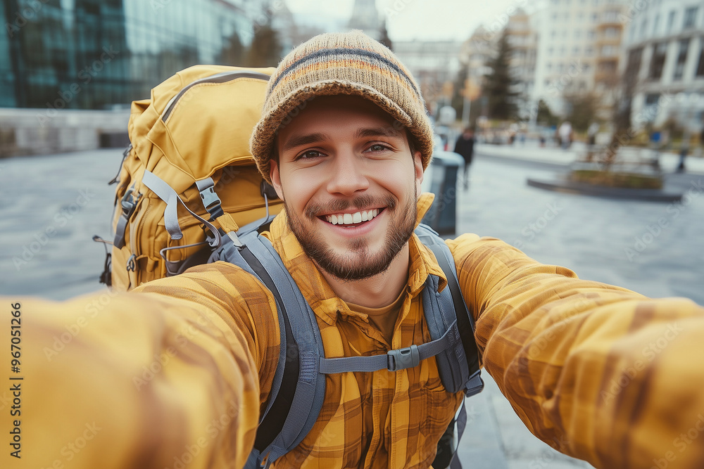 man with a backpack and a hat is smiling and taking a selfie. Concept of adventure and excitement, as the man is likely on a trip or exploring a new place man with a backpack and a hat is smiling and taking a selfie. Concept of adventure and excitement, as the man is likely on a trip or exploring a new place
