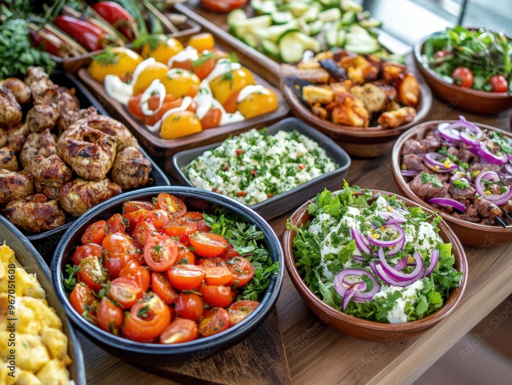 A vibrant spread of fresh Mediterranean dishes served on wooden tables at a summer gathering A vibrant spread of fresh Mediterranean dishes served on wooden tables at a summer gathering