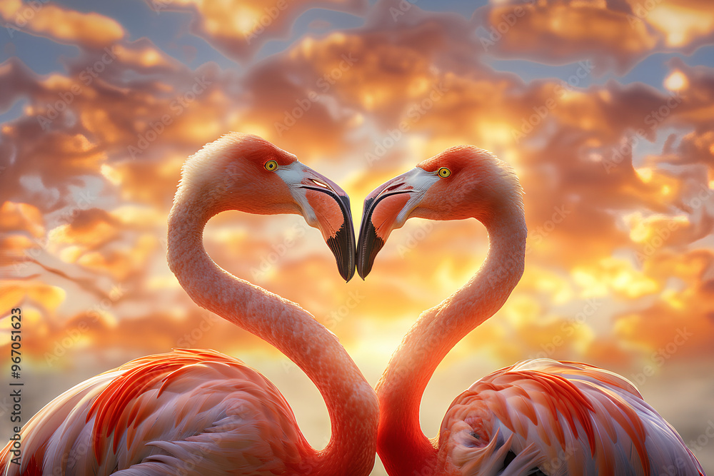 Naklejka premium Two flamingos are facing each other with their beaks touching