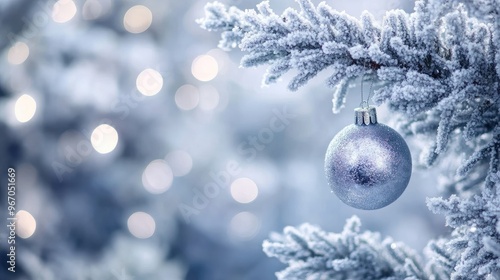 Snow-covered Christmas tree branches with frosted ornaments, glistening under soft, ambient lighting. Focal point. No people. No logo.