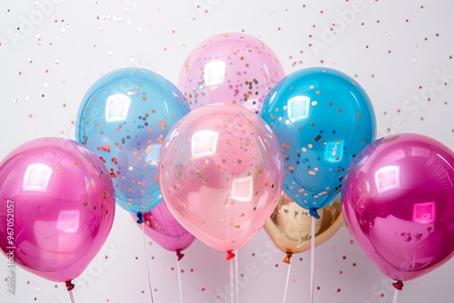 Bunch of colorful balloons with glitter confetti on them photo