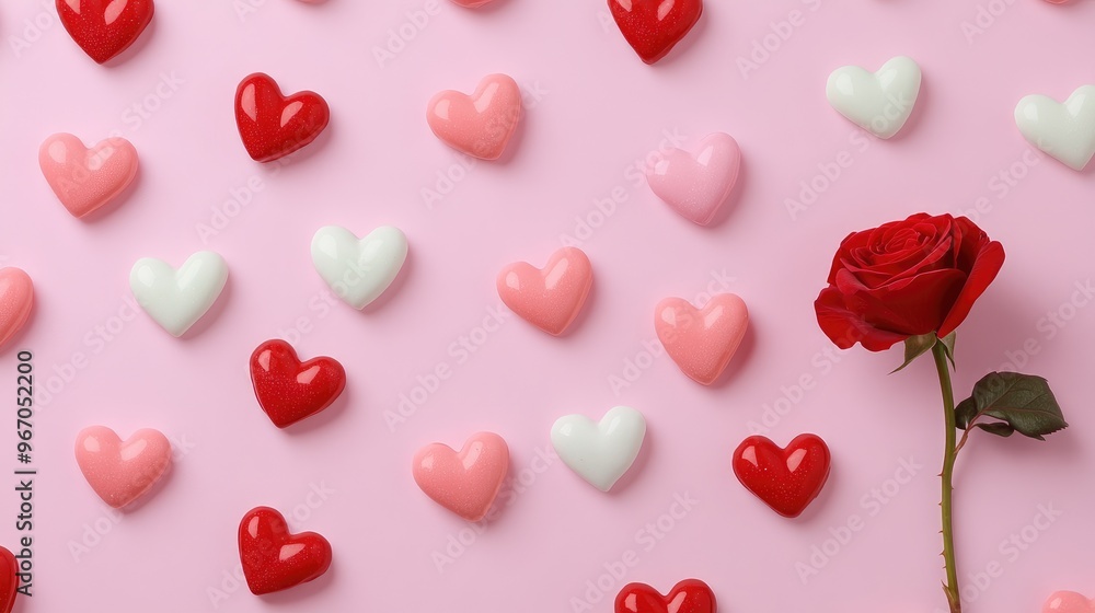 Valentine's Day candy hearts scattered across a pink background, with a single red rose. Focus point. No people. No logo. Valentine's Day candy hearts scattered across a pink background, with a single red rose. Focus point. No people. No logo.