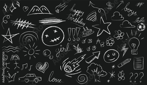 Chalk scribble doodle elements set for poster, social media. Crayon handwritten doodles. Rough hand drawn marker sketch with brush grunge texture. Vector illustration of kids or teens pencil drawing.