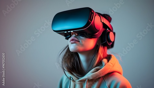 Immersive experience with virtual reality goggles on a woman exploring new digital worlds #967052630