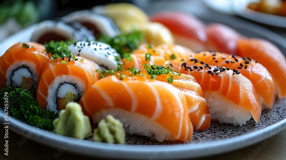 Elegantly Plated Sushi Masterpiece with Vibrant Colors and Soft Lighting Elegantly Plated Sushi Masterpiece with Vibrant Colors and Soft Lighting