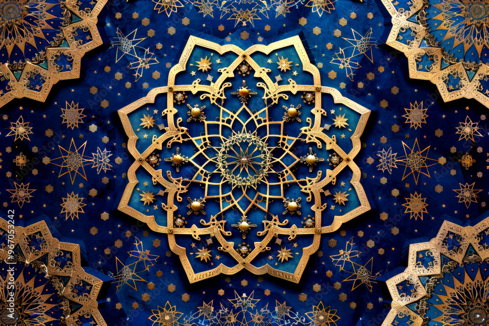A gold and blue design with stars and a flower A gold and blue design with stars and a flower