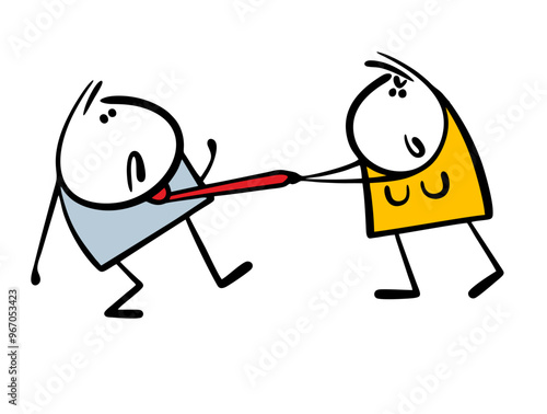 Demanding woman grabs a tie and pulls an unhappy man to her, wants to get married. Vector illustration of a sad groom and a happy bride. Funny characters sort things out.