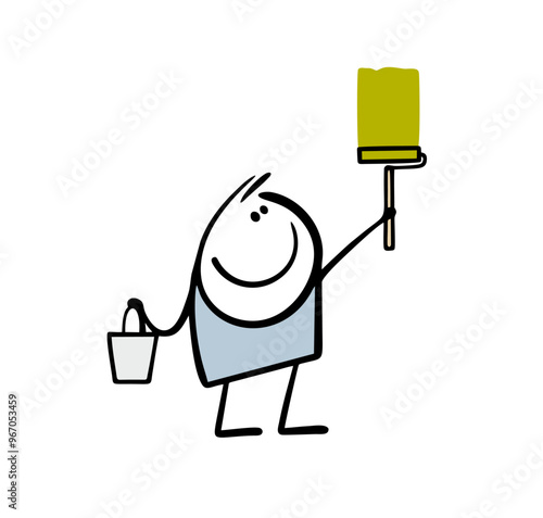 Happy cartoon stickman painting the walls in the house. Vector illustration of a worker holding a bucket of paint and a roller in his hand. Funny character and green creativity.