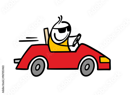Self-confident rich man is driving a red racing car and speeding. Vector illustration of an expensive car and a happy stickman driving with sunglasses. High speed.