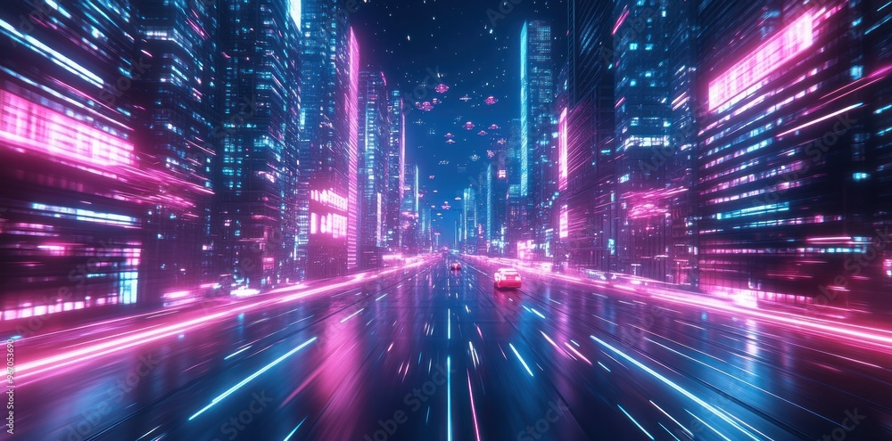 Futuristic Cityscape with Neon Lights and Speeding Cars Futuristic Cityscape with Neon Lights and Speeding Cars