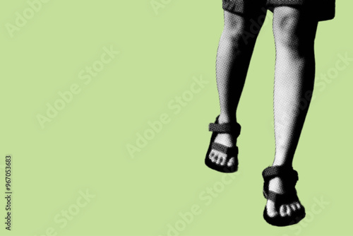 close up of woman's feet walking wearing sandals pixelate color halftone dotted texture style collage element isolated on green background