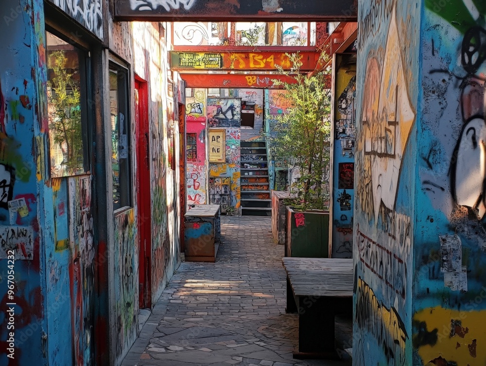 Colorful alleyway filled with vibrant graffiti and artistic expressions in an urban setting Colorful alleyway filled with vibrant graffiti and artistic expressions in an urban setting