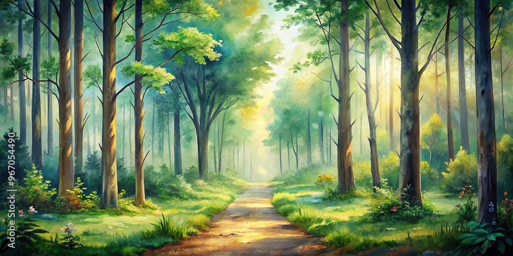 Obraz premium watercolor forest background with path
