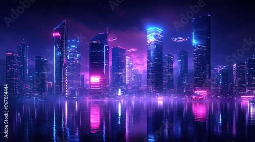 A futuristic skyline showcases sleek skyscrapers, flying cars, and interconnected glass bridges under a neon-lit sky