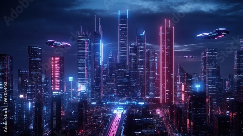 Wallpaper Mural A futuristic skyline showcases sleek skyscrapers, flying cars, and interconnected glass bridges under a neon-lit sky Torontodigital.ca