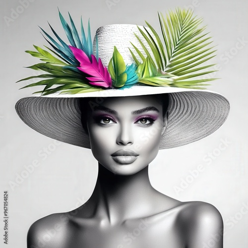 Elegant model showcases vibrant tropical hat design in a minimalist studio setting