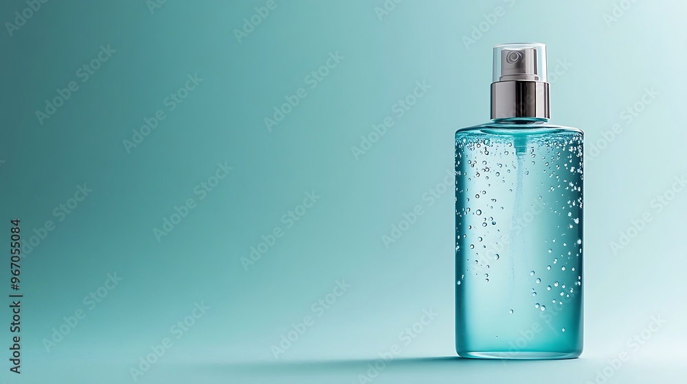 Blue Spray Bottle with Water Droplets on Turquoise Background Blue Spray Bottle with Water Droplets on Turquoise Background