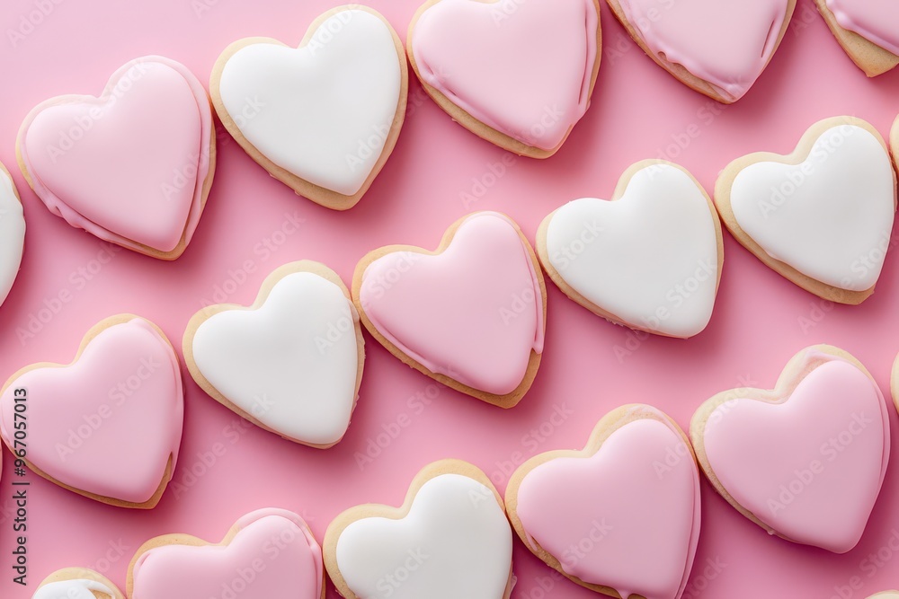 Obraz premium Heart-Shaped Iced Cookies in Rows for Valentines Day