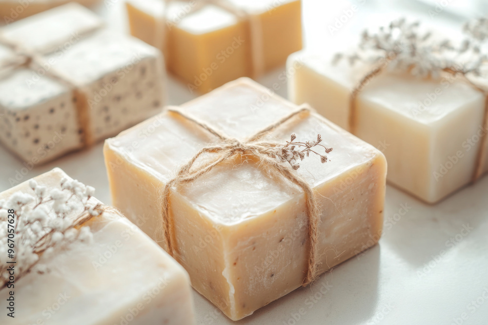 Handmade soap bars with natural decorations and twine, creating an eco-friendly, organic, and rustic presentation of beauty products Handmade soap bars with natural decorations and twine, creating an eco-friendly, organic, and rustic presentation of beauty products