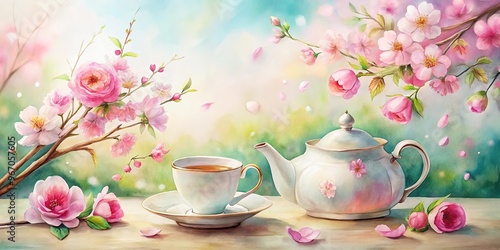 Fototapeta Naklejka Na Ścianę i Meble -  Watercolor painting of a teacup tea pot adorned with pink flowers, roses, and cherry blossoms in soft focus