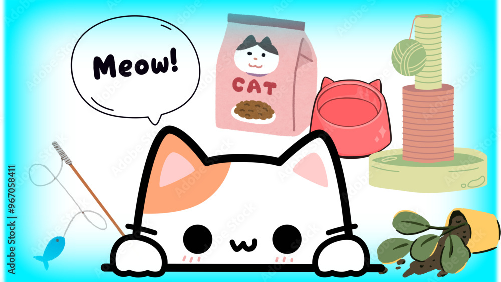 Cute kitten with toys and food Cute kitten with toys and food