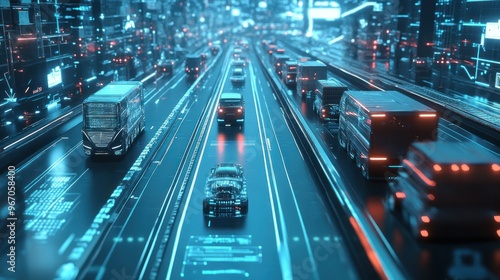 Futuristic City Highway with Digital Overlays and Self-Driving Cars