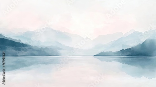 A serene landscape featuring misty mountains reflecting on a calm lake, evoking tranquility and peacefulness.