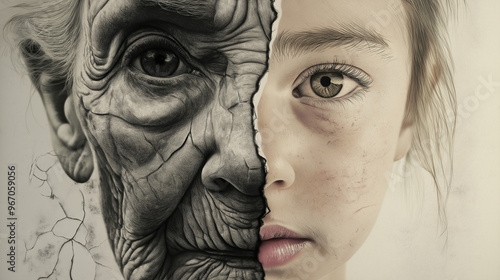 An elderly woman's face drawn in black and white pencil, revealing a young girl's face beneath the surface on the right side