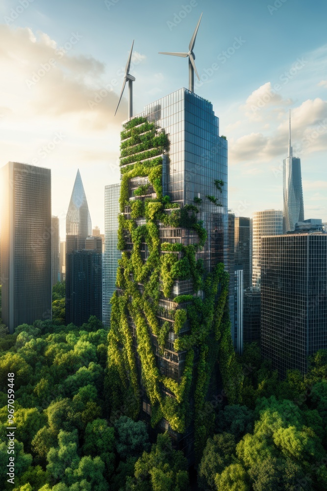 Fototapeta premium A green, eco-friendly city features vertical gardens, wind turbines, and solar-powered buildings