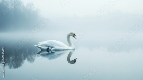 A Single White Swan Gracefully Navigates a Foggy Lake