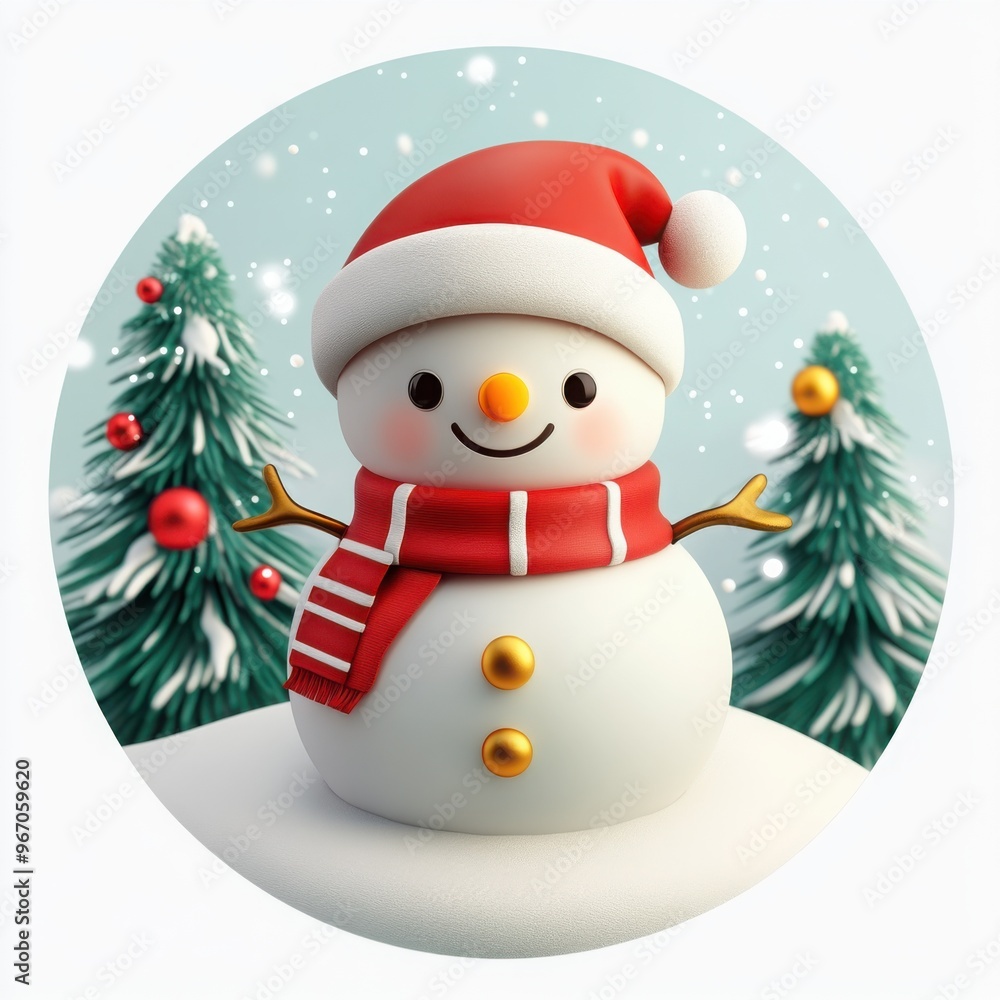 Cute snowman 3D round sticker on white background Cute snowman 3D round sticker on white background