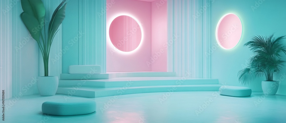 A room with a pink and blue color scheme and a green plant A room with a pink and blue color scheme and a green plant