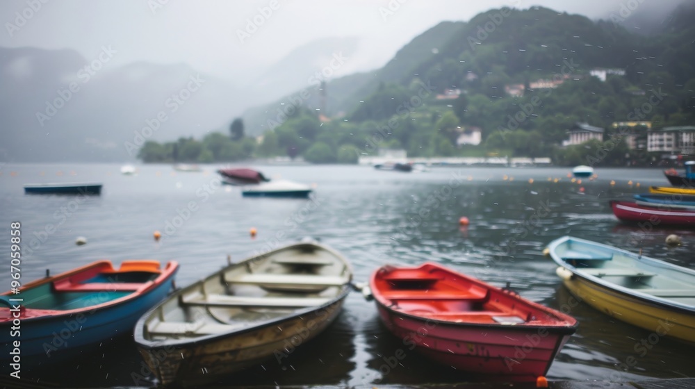 Colorful boats on a misty lake with mountains in background. Colorful boats on a misty lake with mountains in background.